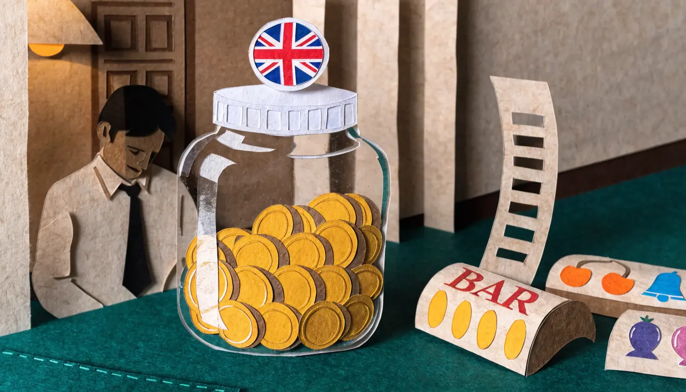 Jar of gold coins on green felt with slot reels and Union Jack pin