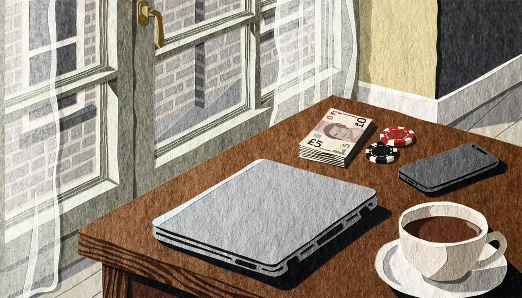 Casino chips and pound notes beside a closed laptop and a cup of tea in a UK home.