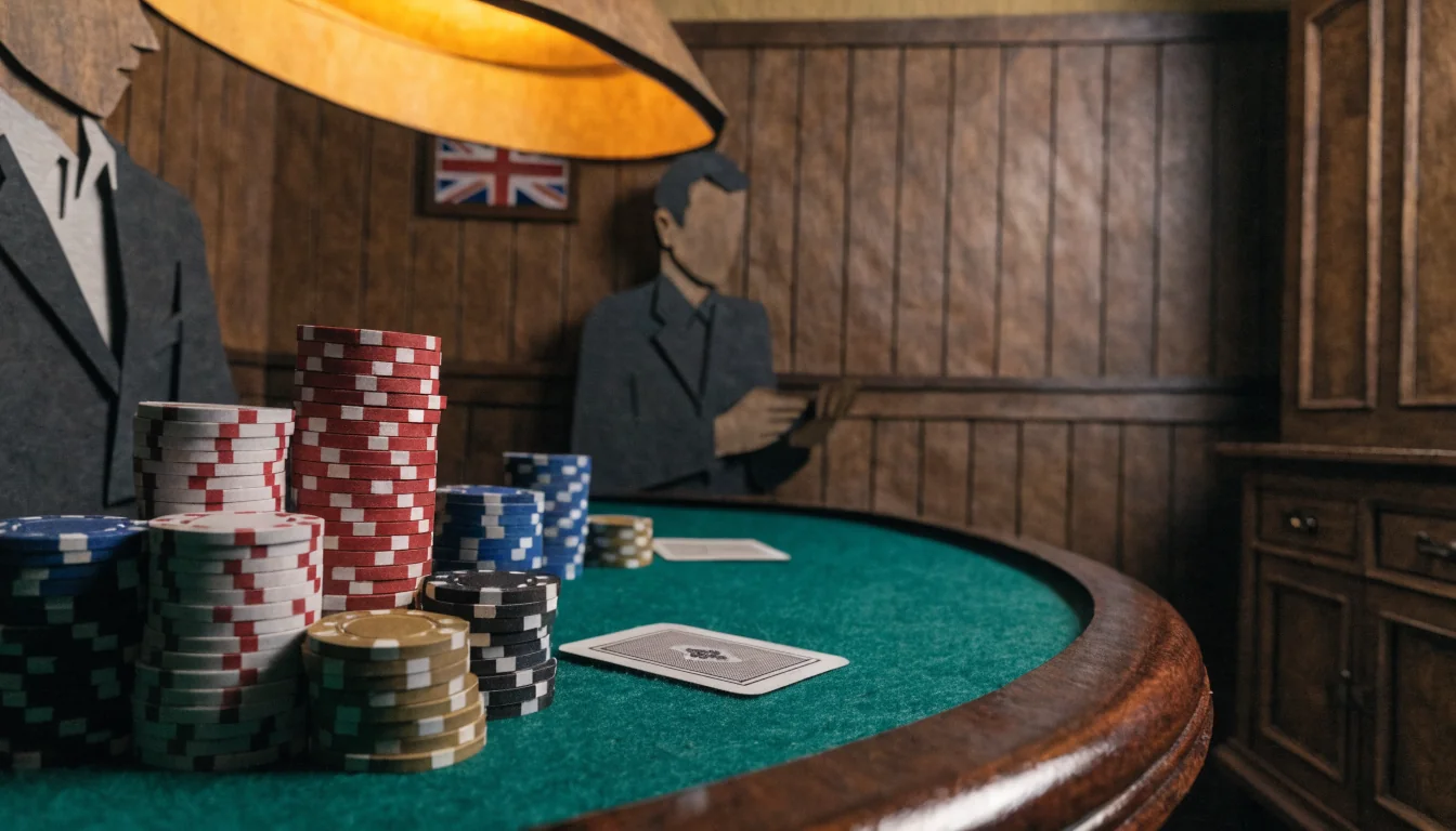 Casino chips and card on a green felt table in a British gaming lounge.