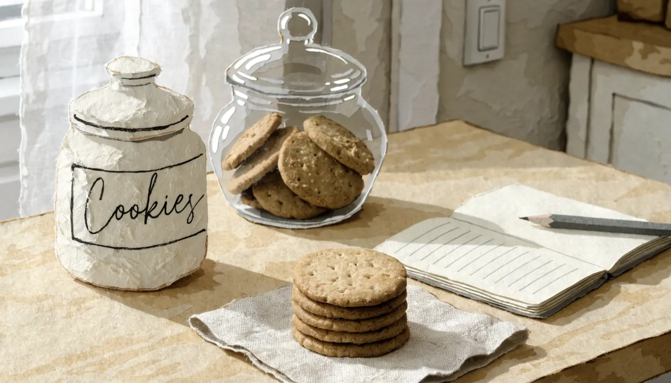 Glass cookie jar and biscuits on a kitchen countertop