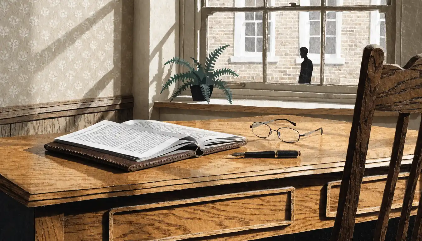 Reading glasses, notebook, and printed pages on a wooden desk in a London townhouse.