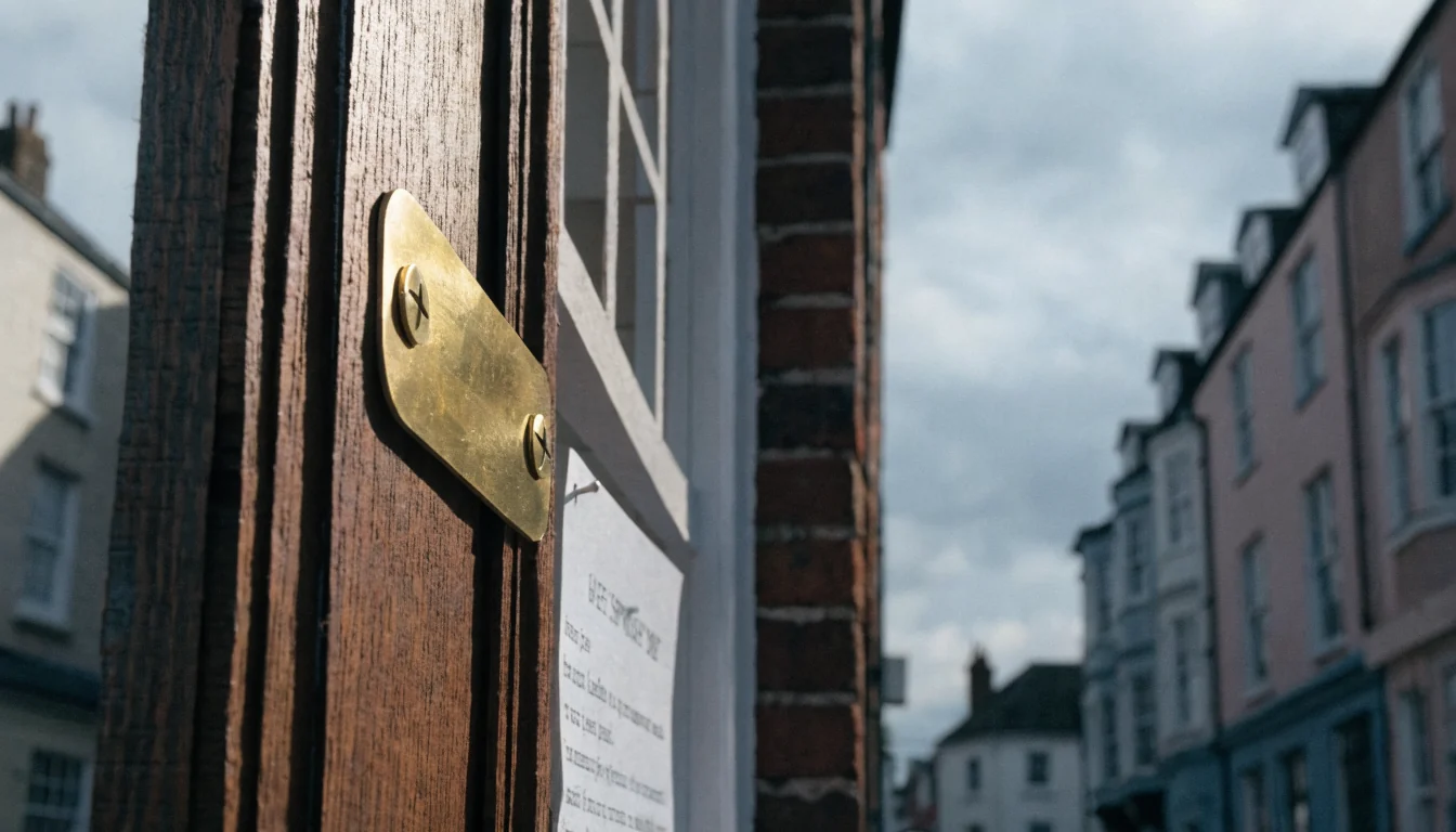 Brass nameplate on a brick building entrance with an official notice beside it