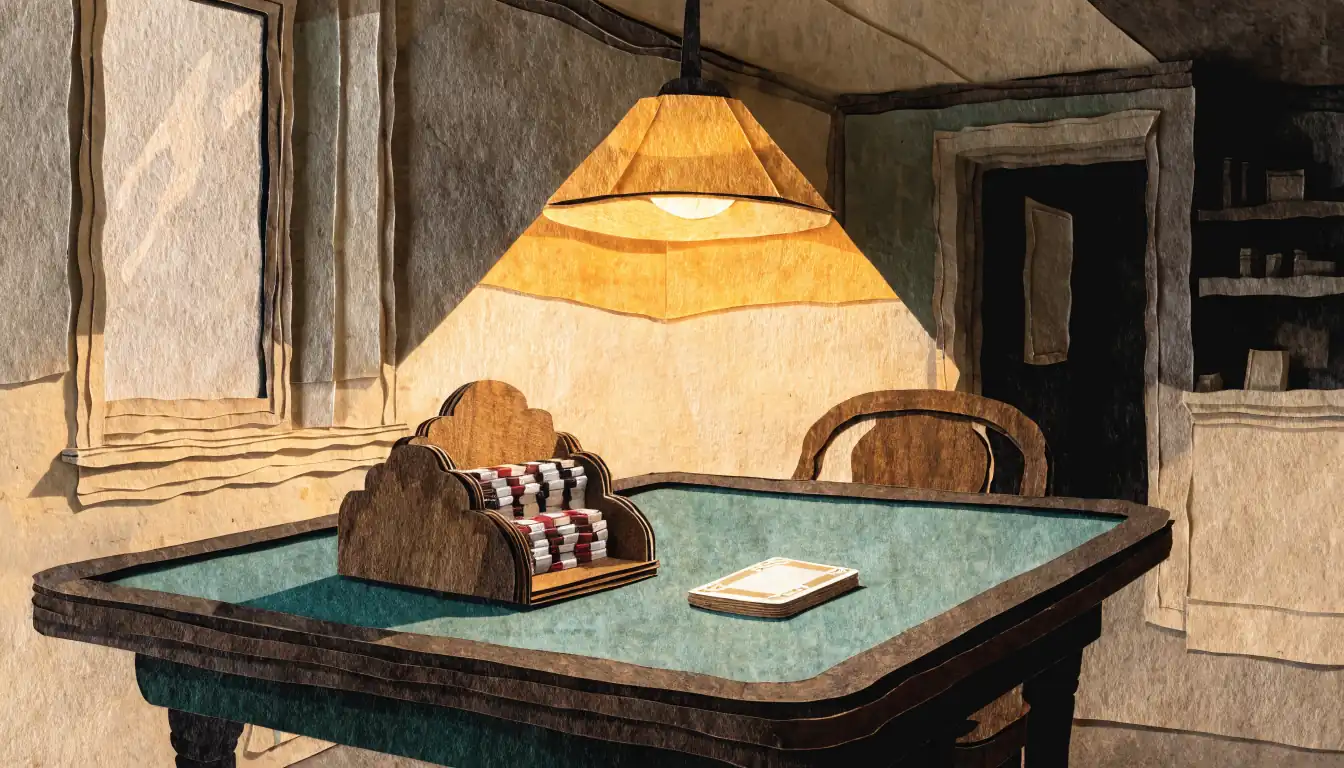 Empty green felt casino table with chips and a card deck under a pendant lamp