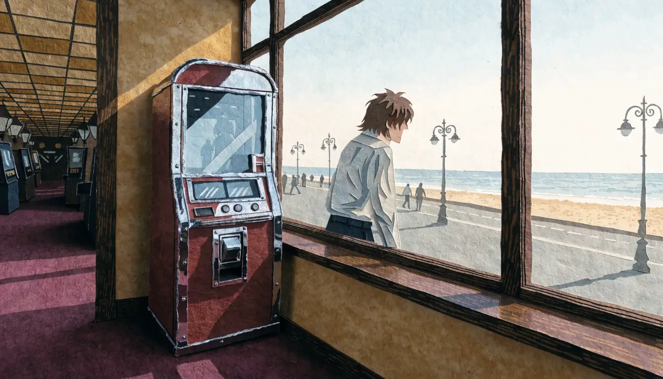 Classic fruit machine inside a British seaside arcade by a plate-glass window