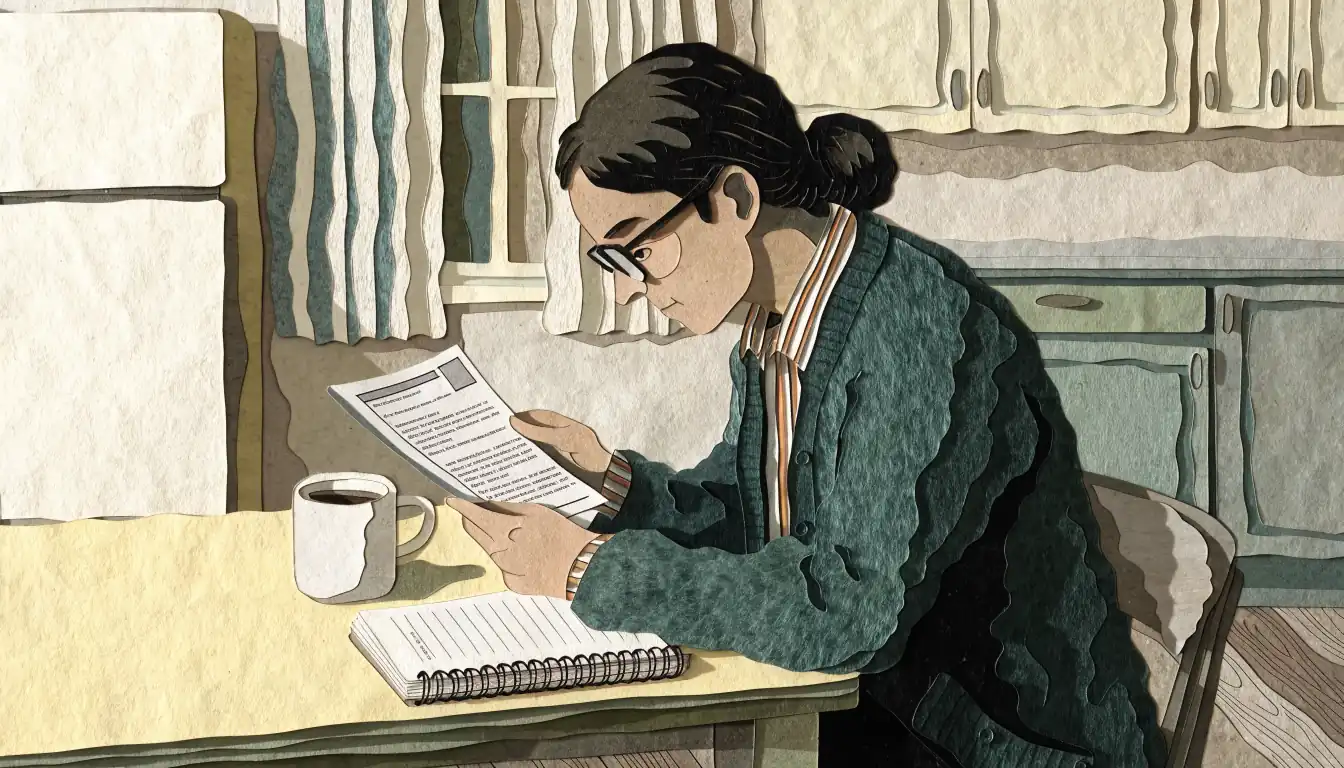 Person reading a printed leaflet at a kitchen table with tea and notebook