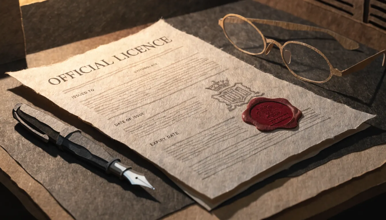 Official printed licence document with wax seal on a desk beside a fountain pen