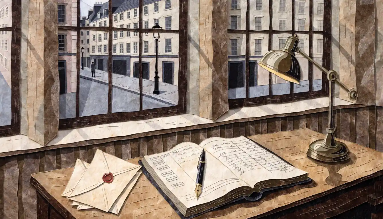 Wooden desk with leather-bound ledger, brass lamp, and fountain pen in a London study.