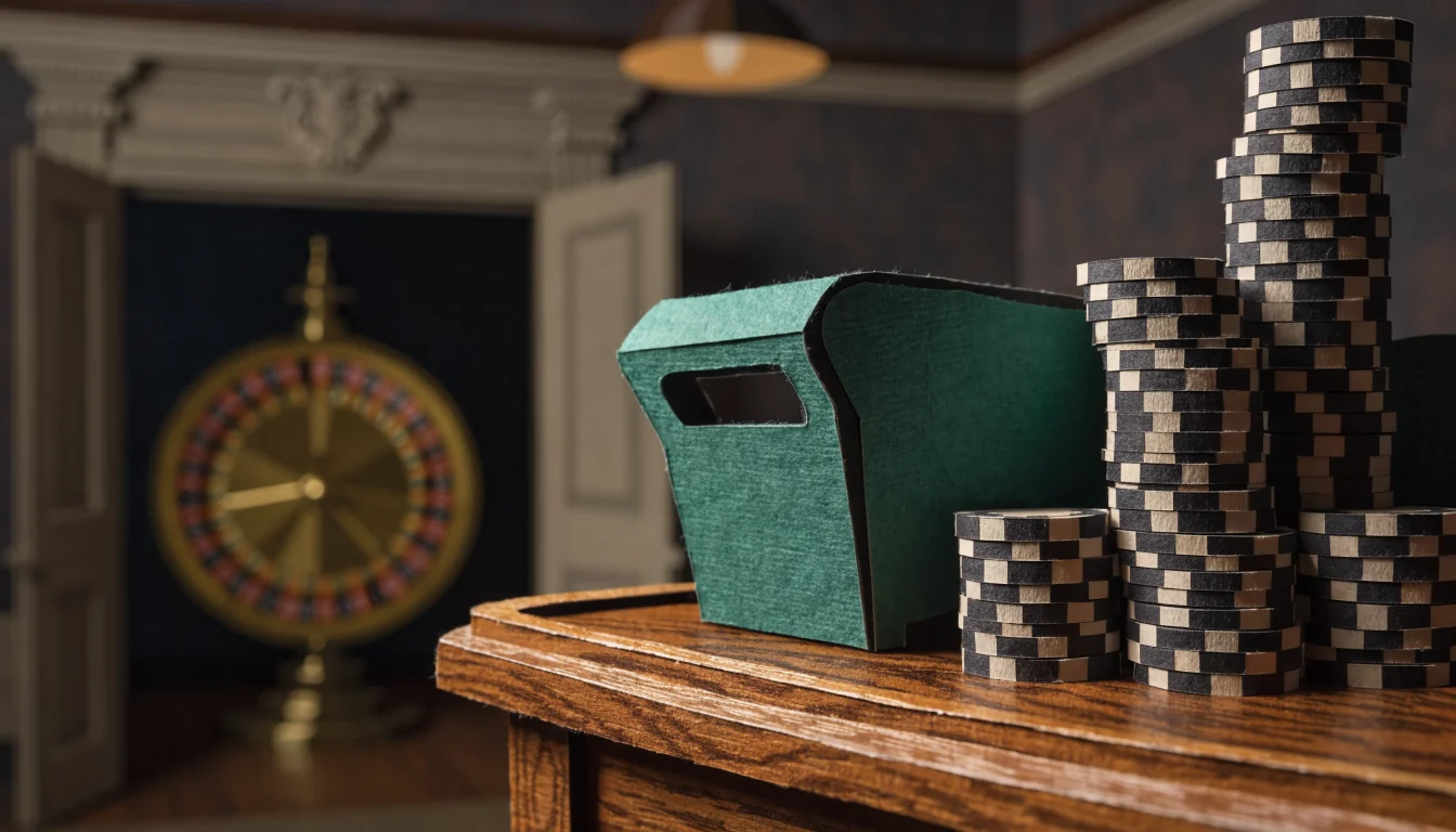 Casino chips and card shoe on a wooden gaming table in a classic British venue.