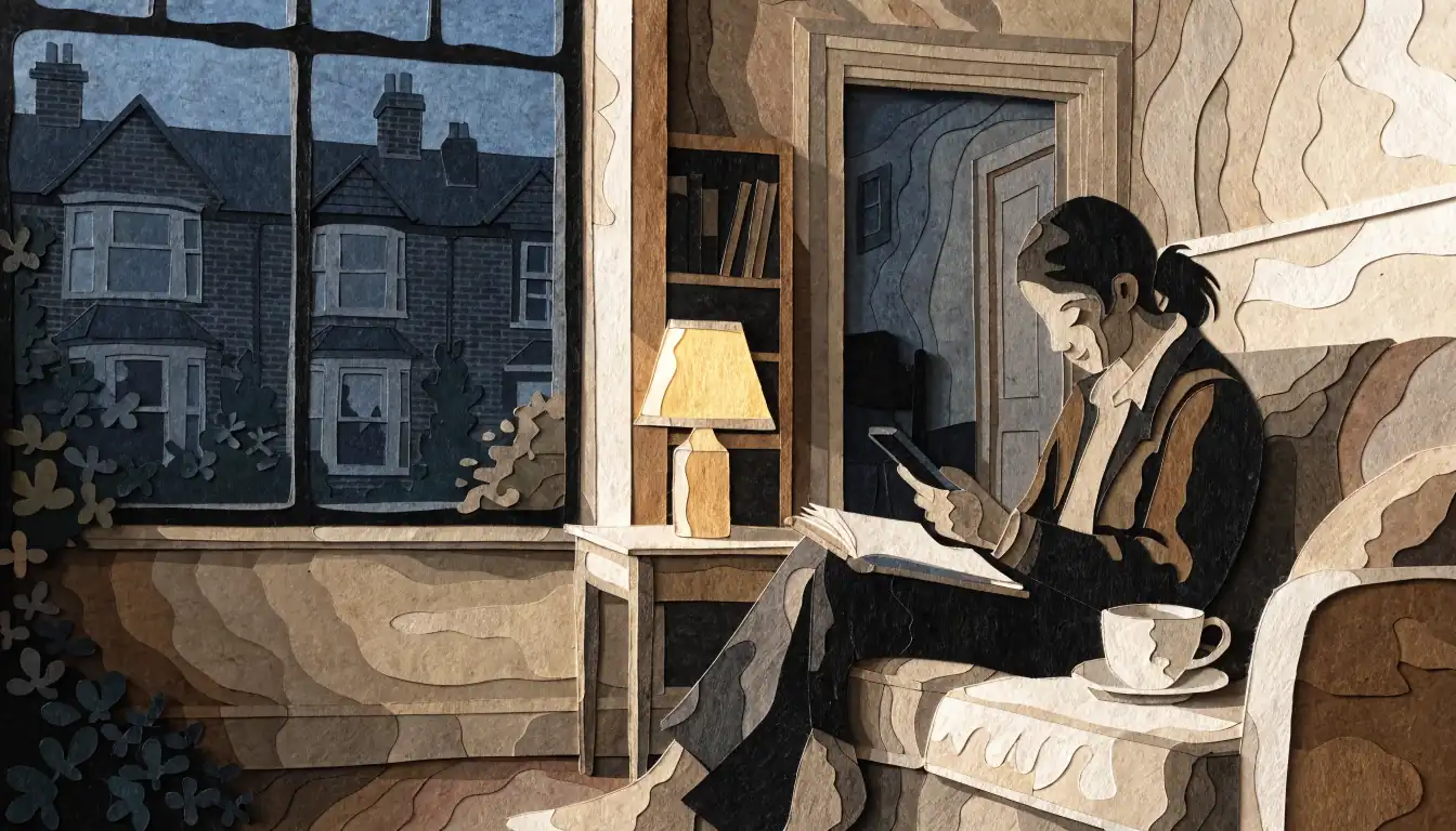 Person reflecting calmly in a British living room at dusk.
