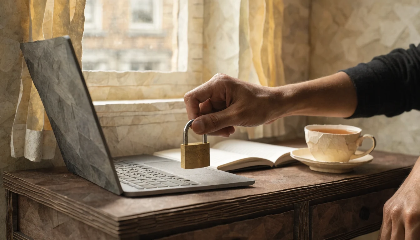 Hand securing a padlock next to a laptop, symbolising data protection.
